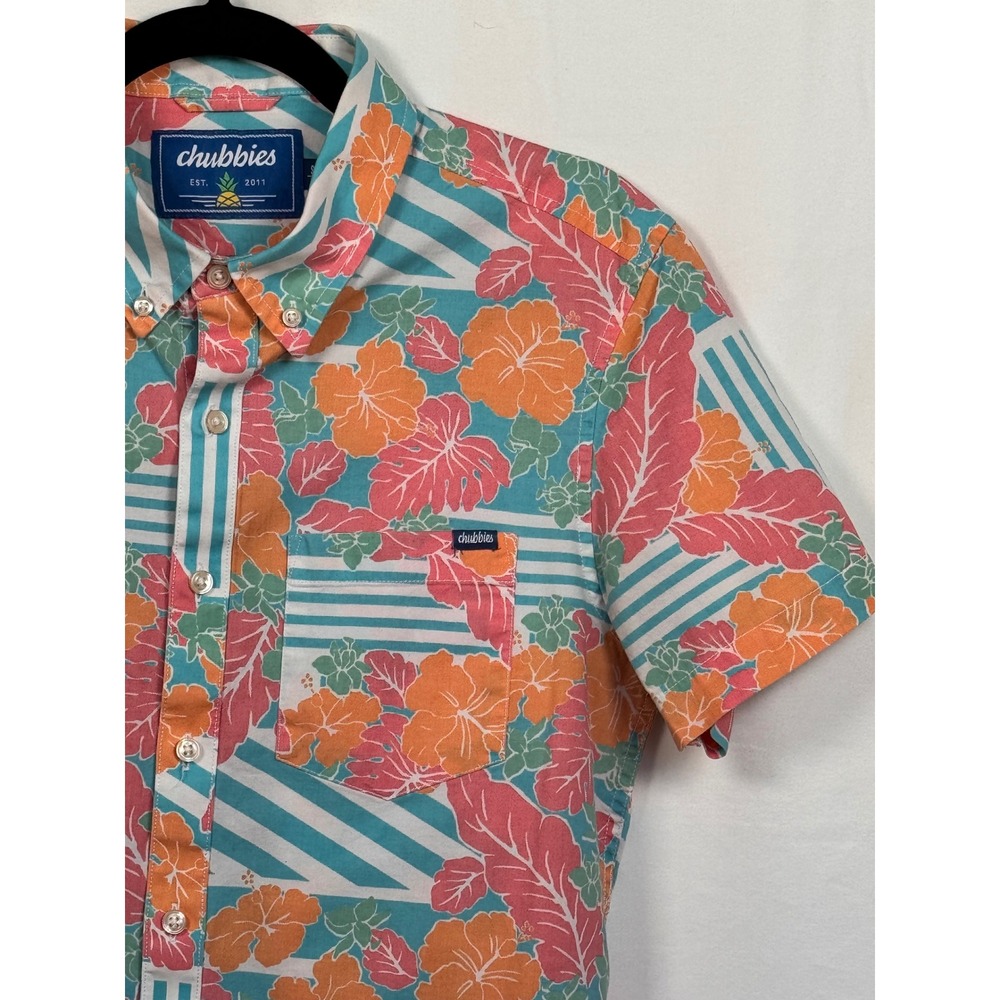 Chubbies Mens Small Teal Pink Orange Tropical Hibiscus Stripe Button Down Shirt